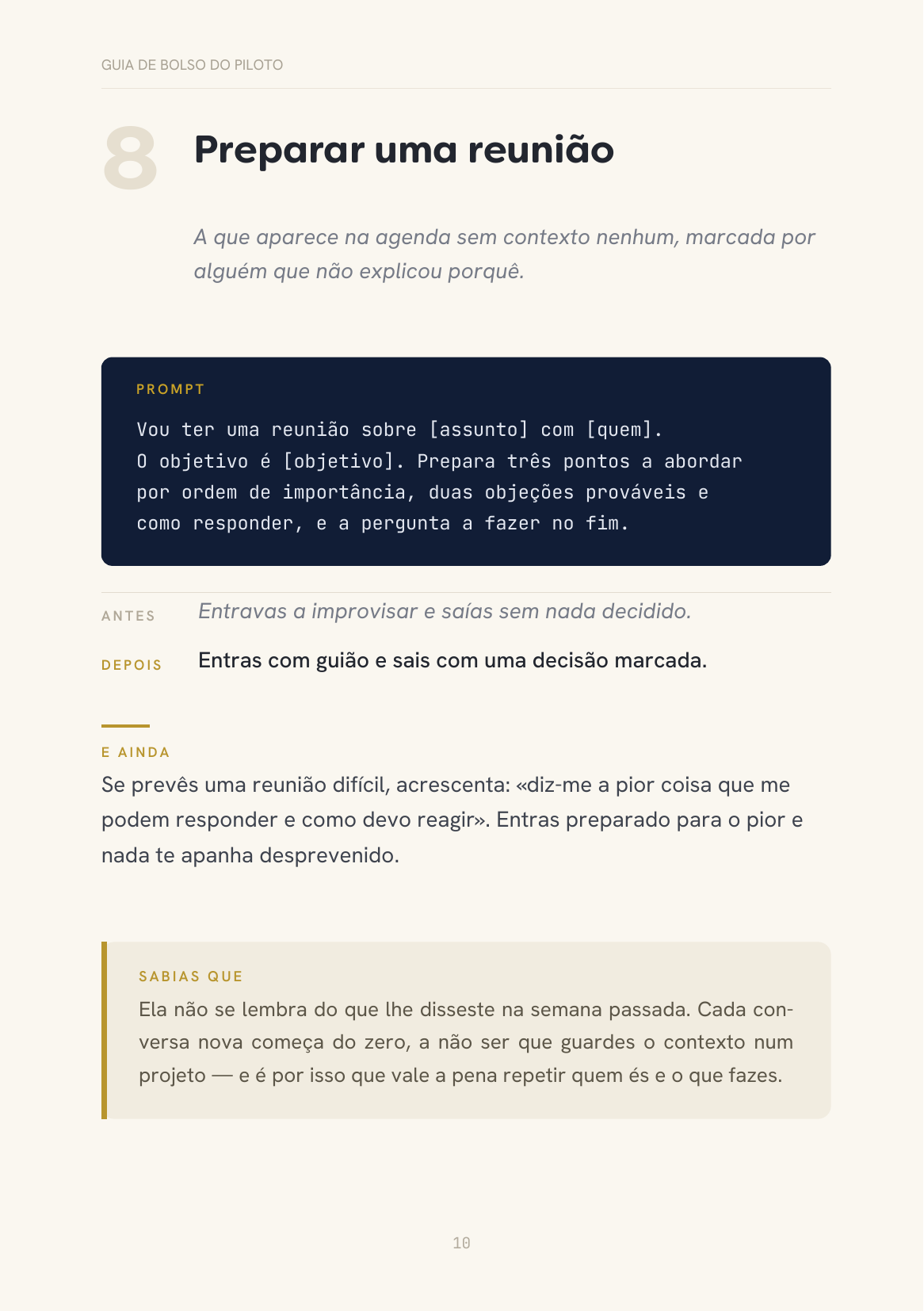 Página do guia: preparar uma reunião