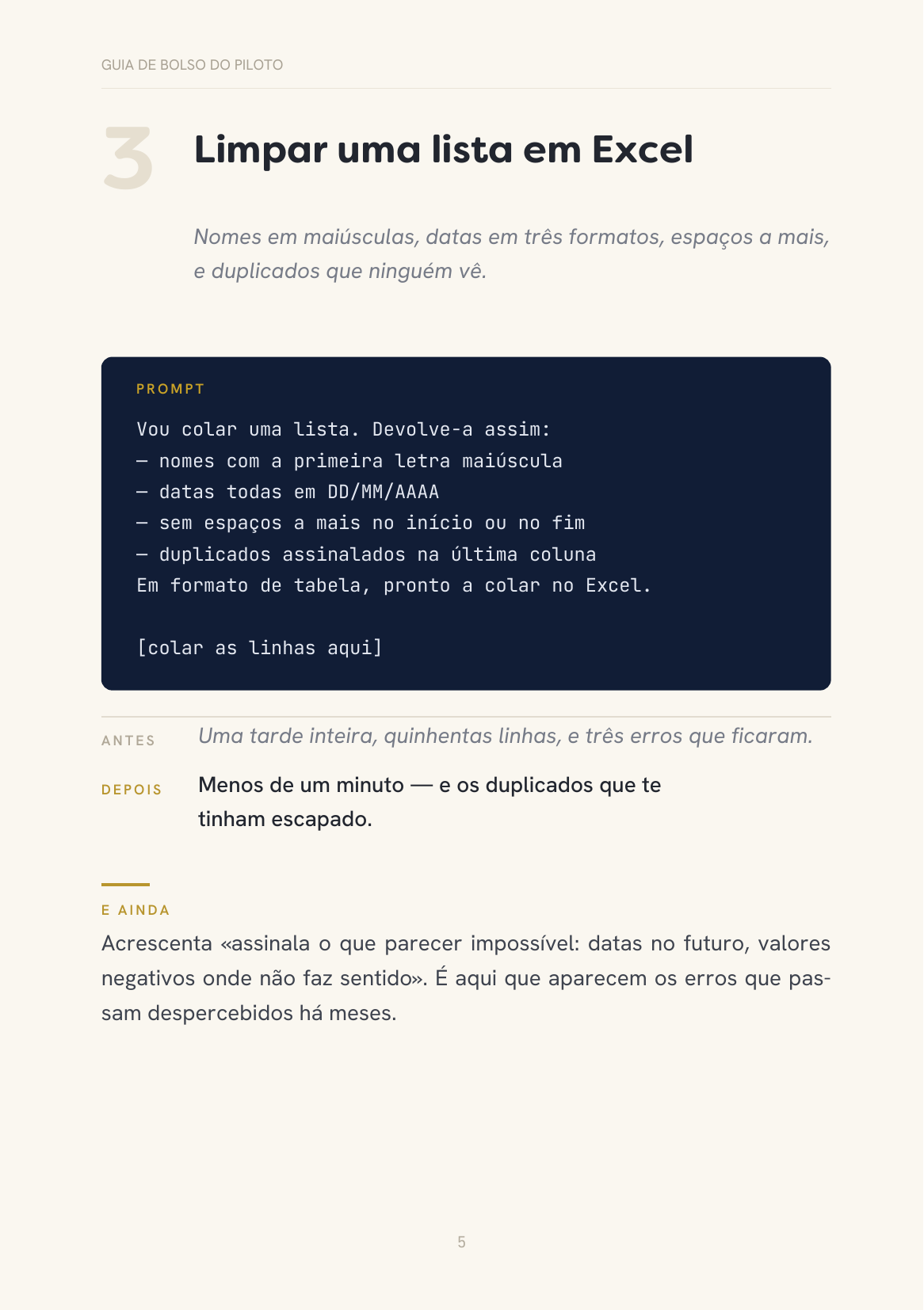Página do guia: limpar uma lista em Excel